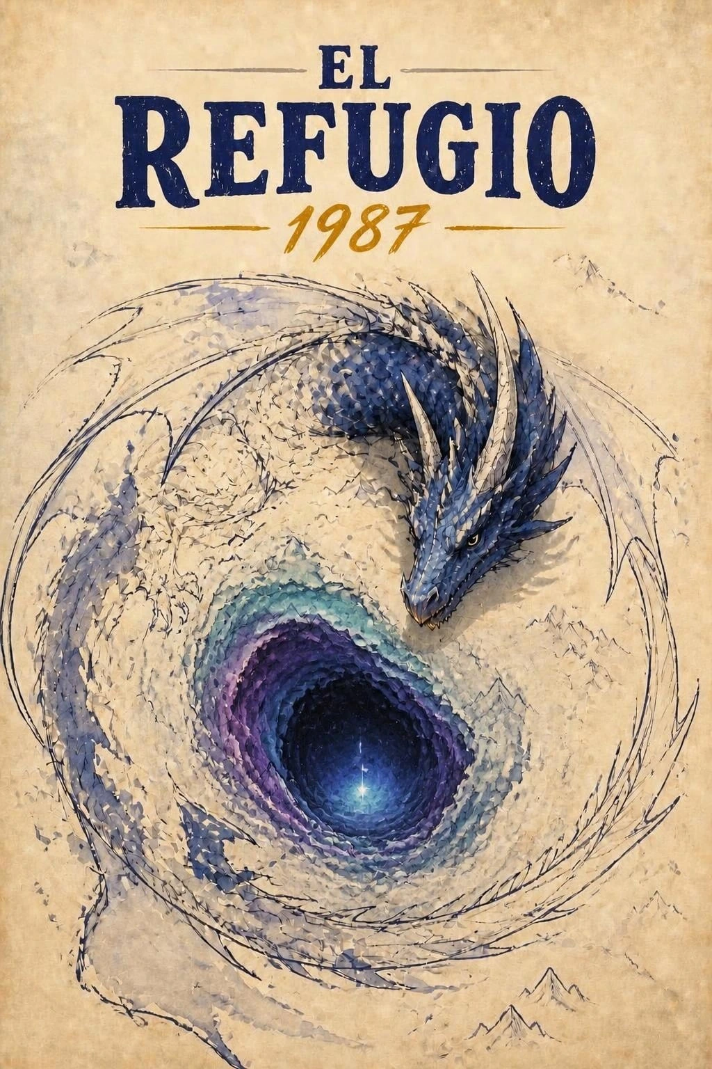 Portada de El Refugio 1987: un dragón pintado en acuarela rodea un portal dimensional sobre un mapa.
